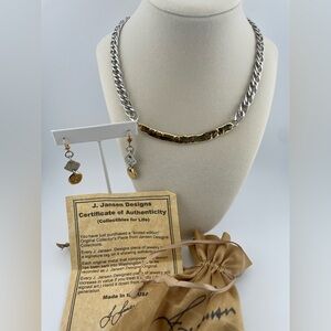 J. Jansen Designs Two-Tone Hammered Necklace + Earrings Set COA Signed Tag